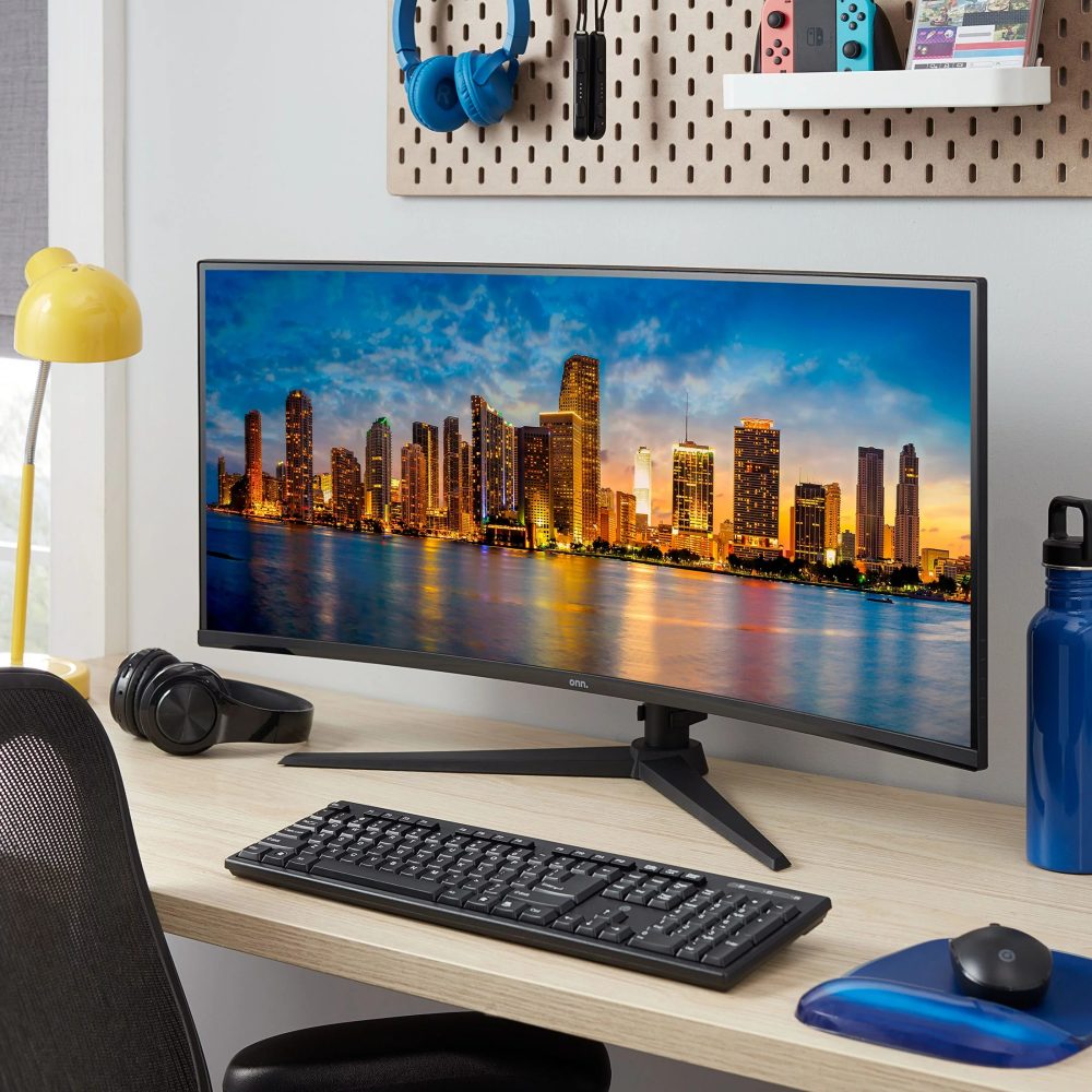 onn. 34" Curved Ultrawide WQHD (3440 x 1440p) 100Hz Bezel-Less Office Monitor with Cable, Black, New