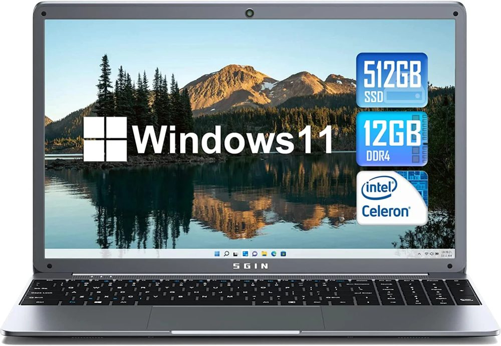 SGIN 15.6inch Laptop 12GB DDR4 512GB SSD Windows 11 with Intel Celeron N5095A Full HD 1920x1080
