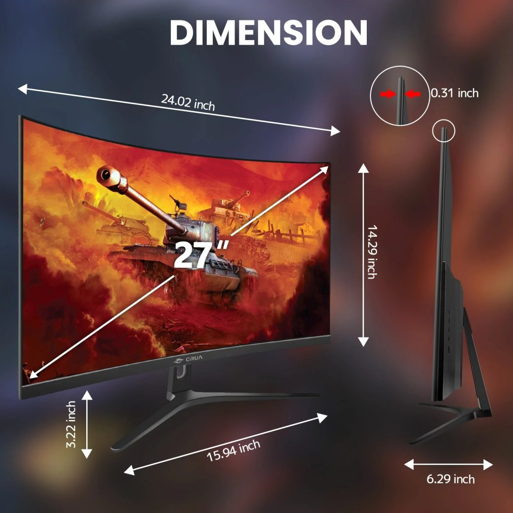 CRUA 27" 165Hz/180Hz Curved Gaming Monitor - FHD 1080P,AMD FreeSync,1800R Frameless Computer Monitor, 1ms GTG, DP&HDMI Port, Black