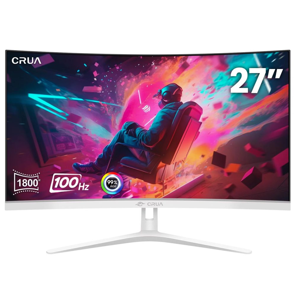CRUA 27" FHD 100Hz Curved Monitor for Office&Gaming,1080P 1800R 99% sRGB Professional Computer Monitor,Frameless Design,Flicker-less & Blue Light Filter,VGA,HDMI-White