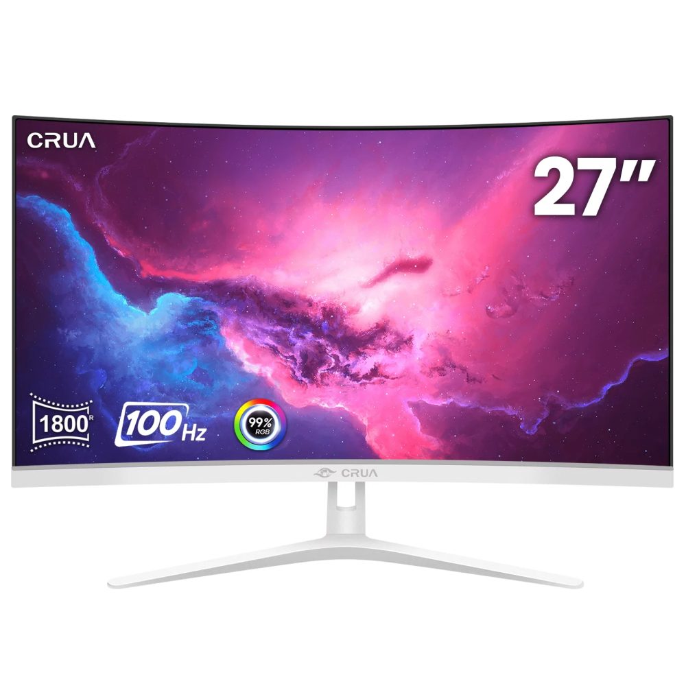CRUA 27" FHD 100Hz Curved Monitor for Office&Gaming,1080P 1800R 99% sRGB Professional Computer Monitor,Frameless Design,Flicker-less & Blue Light Filter,VGA,HDMI-White