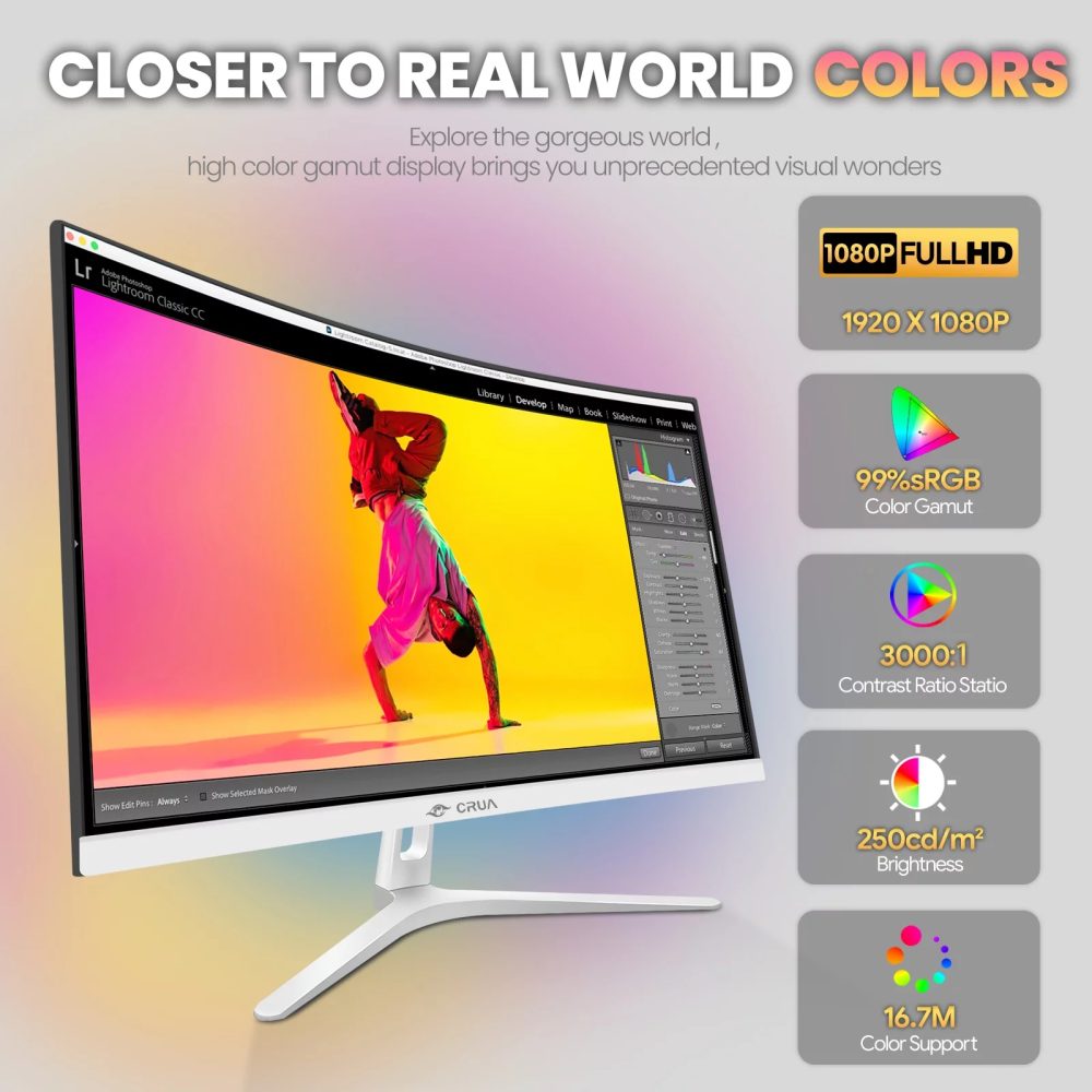 CRUA 27" FHD 100Hz Curved Monitor for Office&Gaming,1080P 1800R 99% sRGB Professional Computer Monitor,Frameless Design,Flicker-less & Blue Light Filter,VGA,HDMI-White