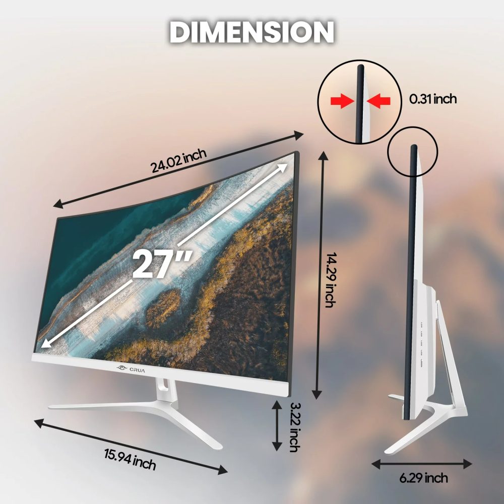 CRUA 27" FHD 100Hz Curved Monitor for Office&Gaming,1080P 1800R 99% sRGB Professional Computer Monitor,Frameless Design,Flicker-less & Blue Light Filter,VGA,HDMI-White