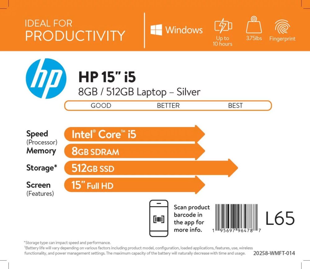 HP 15.6" Laptop, Intel Core i5-1135G7, 2.4GHz Intel Iris Xe Graphics, 8GB Ram 512GB SSD, Windows 11, Natural Silver, 15-dy2152wm