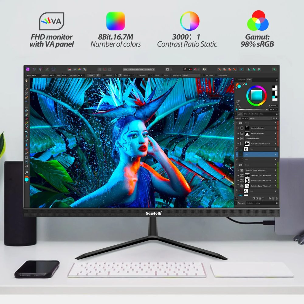 Gawfolk 22" Curved Monitor, FHD 1080p 75Hz Ultra-Thin Bezel-less VA Display, HDMI VGA Computer Monitor Home Office Movies