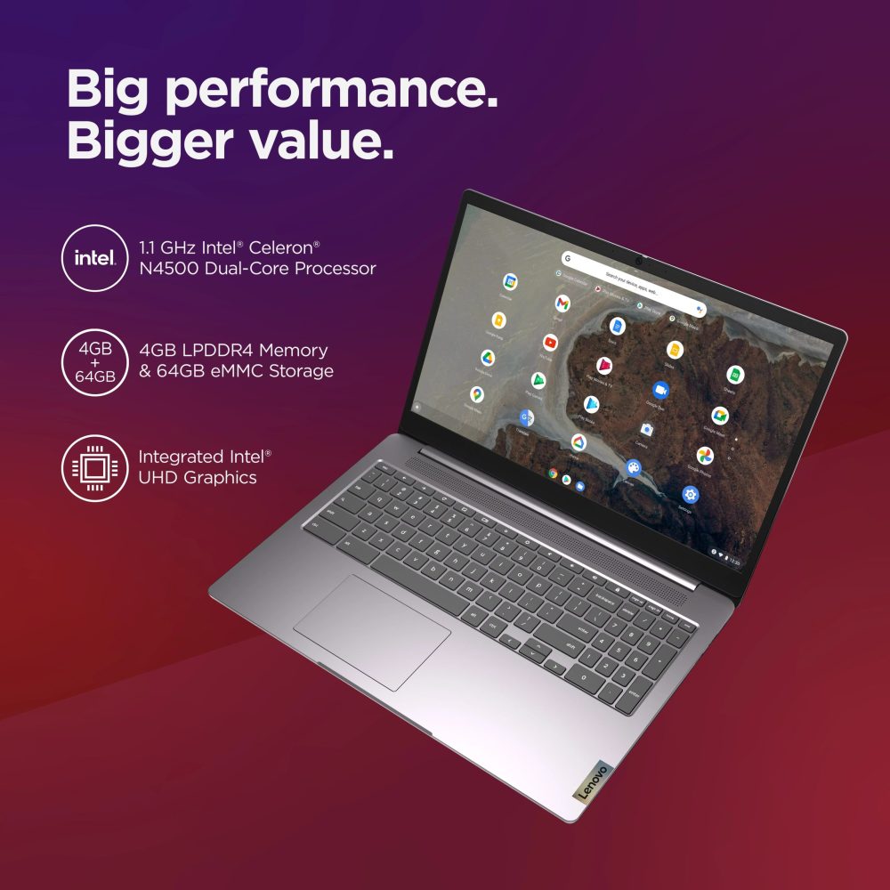 Lenovo Ideapad 3i Chromebook, 15.6" FHD, Intel Celeron N4500, 4GB RAM, 64GB eMMC, Arctic Grey, 82N4002HUS