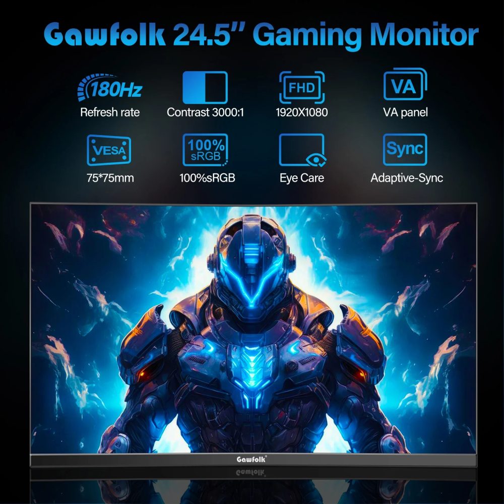 Gawfolk 24.5 Inch Curved Gaming Monitor, 180hz/165hz FHD(1080P) PC Monitor, Frameless VA Display with sRGB 100%, Eye Care, DP/HDMI, Wall Mount Compatible - Black