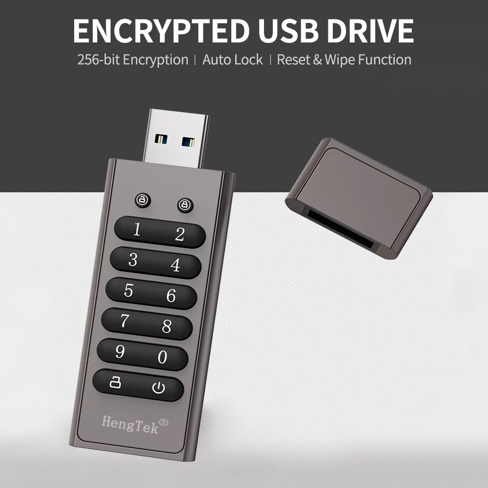 64GB 256-bit Encrypted USB Drive Password Secure Flash Drive USB3.0 U Disk Support ResetWipeAuto Lock Function, Grey
