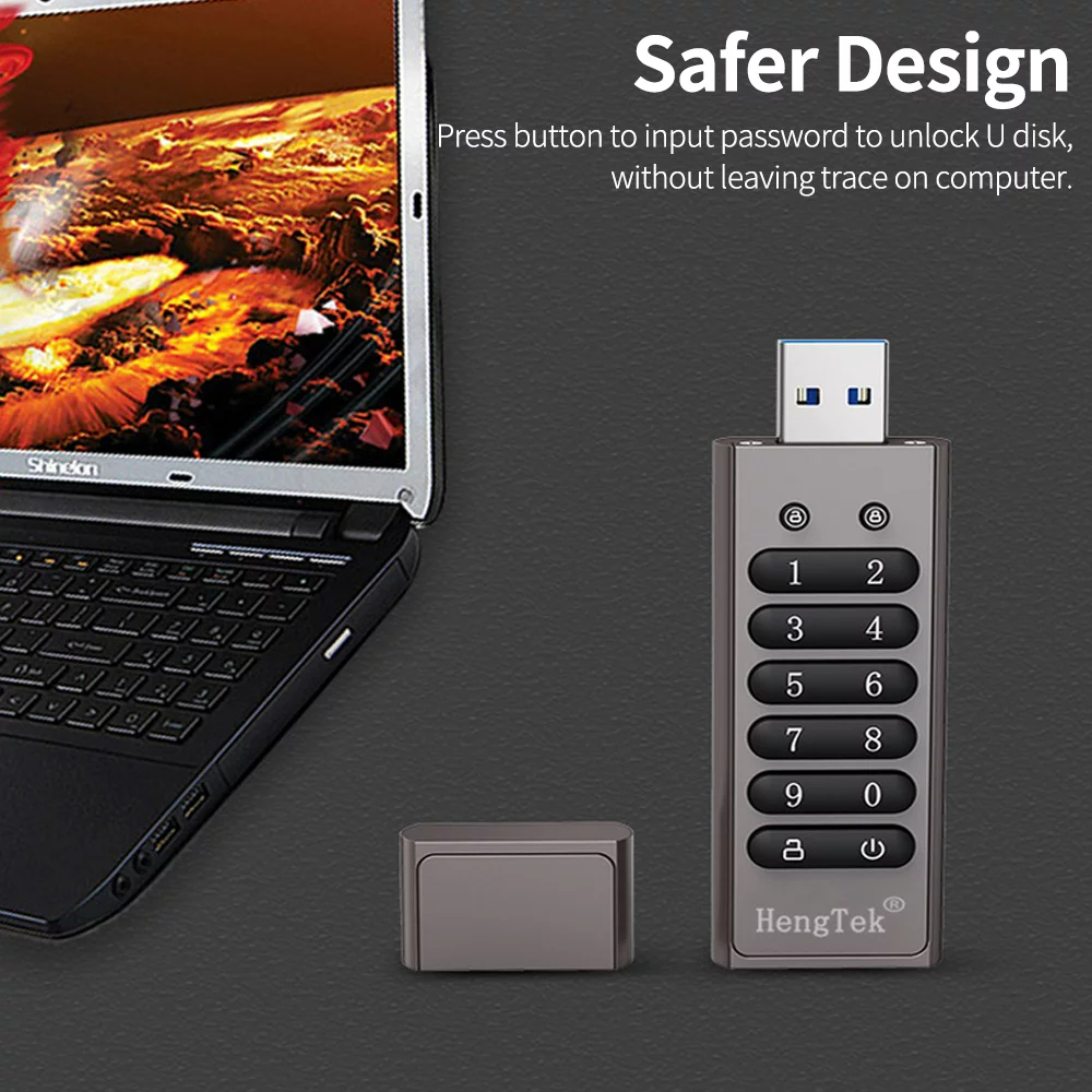 64GB 256-bit Encrypted USB Drive Password Secure Flash Drive USB3.0 U Disk Support ResetWipeAuto Lock Function, Grey